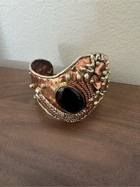 Handmade vintage Copper Silver Tone Cuff Bracelet Black Stone Statement Bracelet